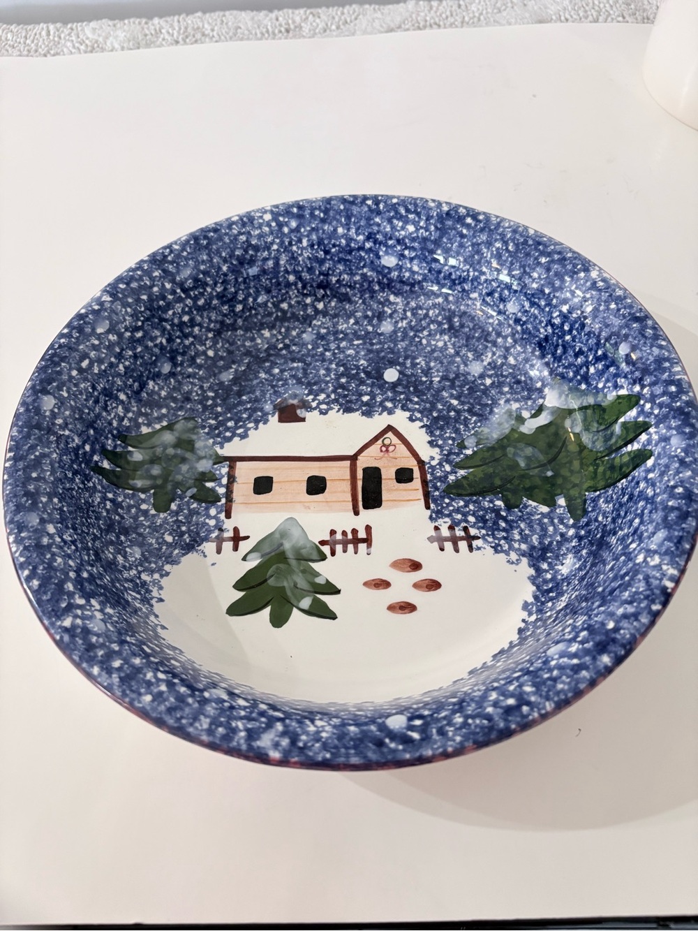 Winter Cabin 11” Ceramic Serving Bowl Pine Tree Blue Speckle Country Holiday